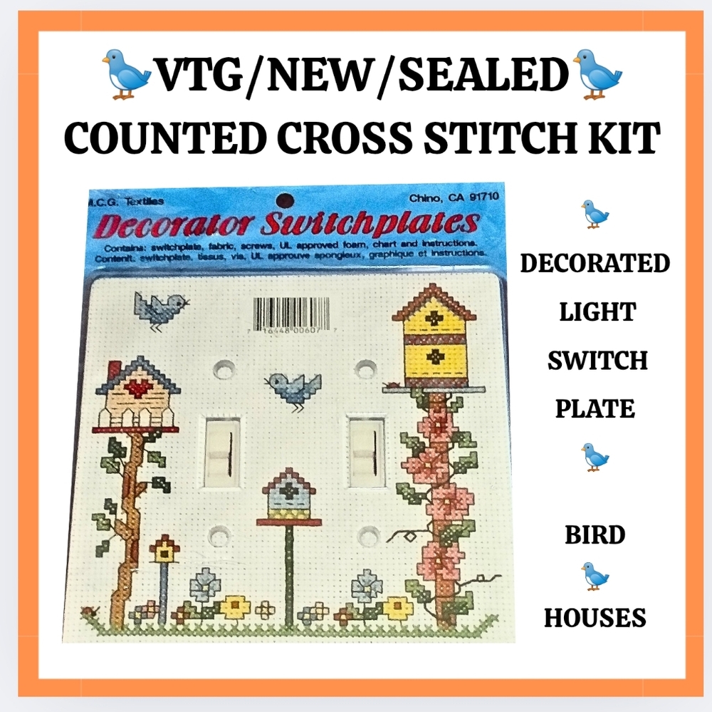 🔥 VTG / NEW / SEALED / LIGHT SWITCH PLATE / COUNTED CROSS STITCH KIT/BIRDHOUSES